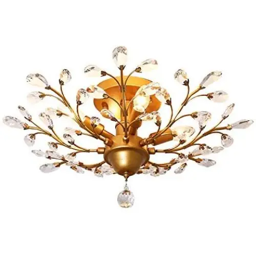 Garwarm 4-Light Vintage Crystal Chandeliers Ceiling Lights LED Light Crystal Pendant Lighting Ceiling Light Fixtures Chandeliers Lighting for Living Room Bedroom Restaurant Porch Chandelier(Golden)