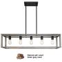 VINLUZ 5-Light Wood Chandelier Linear Industrial Kitchen Island Pendant Lighting Gray Wooden Frame Accents, Modern Dining Room Lighting Ceiling Hanging Farmhouse Light Fixtures for Entryway Foyer