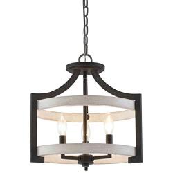 Kira Home Woodrow 15'' 3-Light Industrial Farmhouse Semi Flush Convertible Pendant Light + Wood Style Metal Drum Shade, Textured Black + White Birch Style Finish