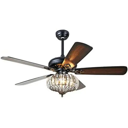 Chandelier Crystal Ceiling Fan Light with Remote Control, 52-Inch 5 Reversible Wood Blade Leaves 3 Adjustable Wind Speed Fandaliers Ceiling Fan Light for Living Room/Bedroom, Bronze + Black