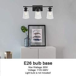 VINLUZ Farmhouse 3-Lights Vanity Lighting Fixtures for Bathroom Matte Black with Tapered Clear Glass Wall Mount Light Industrial Rustic Lights Wall Lighting Living Room Dining Room Bedroom