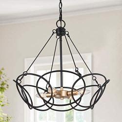 LOG BARN Modern Chandelier Black and Gold, Farmhouse Dining Room Hanging Light Fixture, 4-Light, Matte Black with Aged Brass Finish, 19.5” Dia