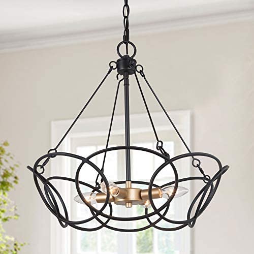 LOG BARN Modern Chandelier Black and Gold, Farmhouse Dining Room Hanging Light Fixture, 4-Light, Matte Black with Aged Brass Finish, 19.5” Dia