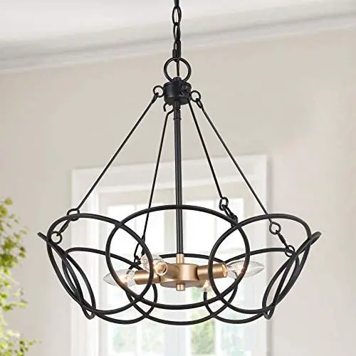 LOG BARN Modern Chandelier Black and Gold, Farmhouse Dining Room Hanging Light Fixture, 4-Light, Matte Black with Aged Brass Finish, 19.5” Dia