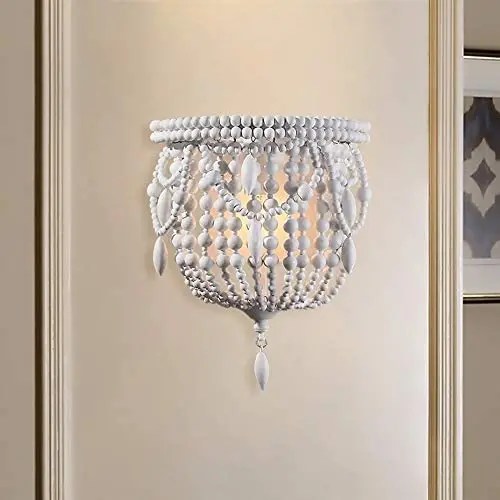 Jiuzhuo Classic Style Distressed White Wood Beaded 1-Light Decorative Indoor Wall Sconce Light