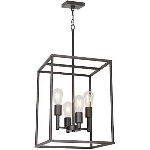 4 Light VINLUZ Oil-Rubbed Bronze Foyer Pendant Light Industrial Vintage Square Wide Cage Farmhouse Chandelier for Dining Room Foyer Entryway Kitchen