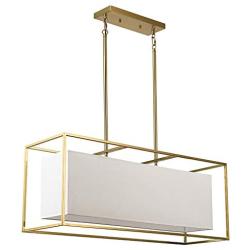 Vinsniv Modern Premium Rectangular Dining Room Chandelier, White Fabric Shade, Gold Plated Metal, 5-Light 35.43''L Pendant Adjustable Hanging Lighting for Kitchen Island Counter, UL-Listed E26 007