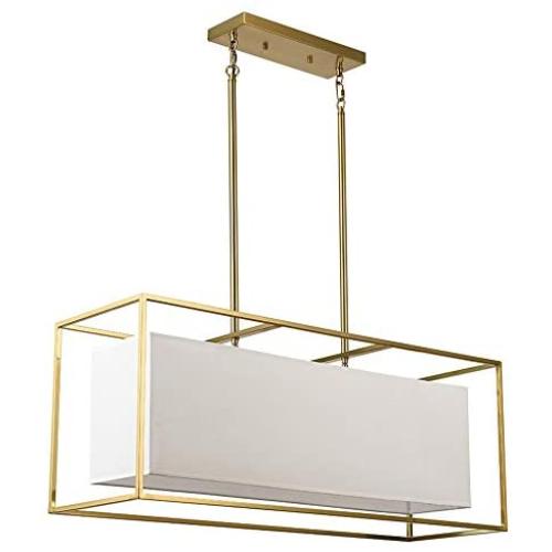 Vinsniv Modern Premium Rectangular Dining Room Chandelier, White Fabric Shade, Gold Plated Metal, 5-Light 35.43''L Pendant Adjustable Hanging Lighting for Kitchen Island Counter, UL-Listed E26 007