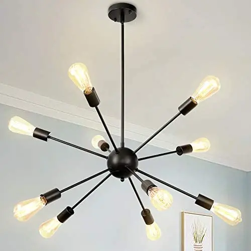 Modern 8 Lights Sputnik Chandeliers Semi Flush Mount Ceiling Light Fixture Mid Century Ceiling Pendant Lighting for Living Room Dining Room Bedroom Kitchen (Black 10-Light)