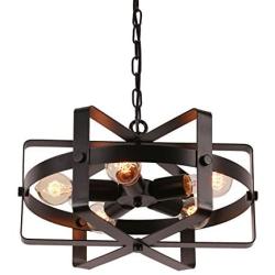 Unitary Brand Antique Black Metal Drum Shape Round Pendant Light with 5 E26 Bulb Sockets 200W Painted Finish