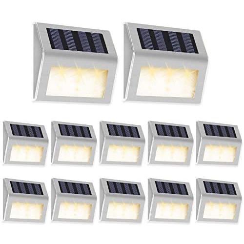 Otdair Solar Deck Lights, 3 LED Warm Light Solar Step Lights Outdoor Auto On/Off Stainless Steel Stair Lights Waterproof Wireless Solar Powered Lights for Fence Patio Garden Pathway - Warm 12 Pack
