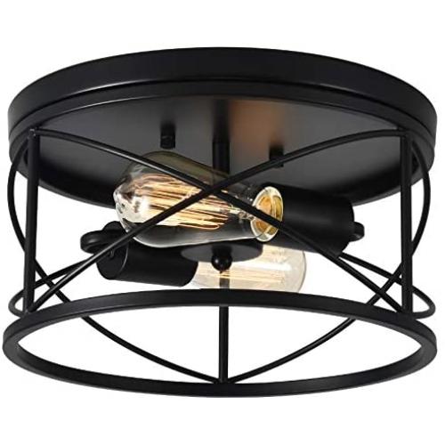 WELTRANS 2-Light Flush Mount Ceiling Light Fixture, Modern Industrial Chandelier with Black Finish Metal Cage, Lamp Fixtures for Kitchen, Bedroom, Garage, Foyer, Porch, Hallway, Living Room