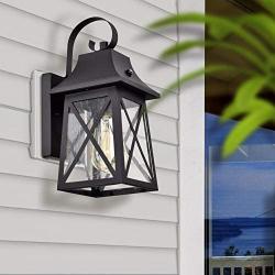 FLALINKO Outdoor Dusk to Dawn Wall Lantern - Farmhouse 14'' Outdoor Wall Light for Barn, Patio, Porch, Doorway, Entryway, Walkway, Matte Black Finish with Clear Seedy Glass (Black, Single Pack)