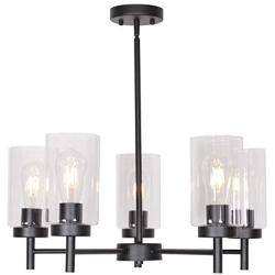 VINLUZ 5 Light Contemporary Chandeliers Black Modern Lighting Fixtures Hanging,Industrial Vintage Pendant Lights with Clear Glass Shade Flush Mount Ceiling Light for Dining Room Bedroom