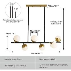 Modo Lighting 6 Lights Mid Century Chandelier Industrial Pendant Light Molecule Magic Bean Glass Globe Ceiling Pendant Light Fixture Metal Linear Chandelier for Living Dining Room Kitchen Island