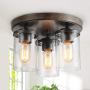 Semi Flush Mount Ceiling Light, Farmhouse Wood Light Fixtures with 3 Clear Glass Shade for Dining Room, Bedroom, Hallway