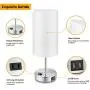 Set of 2 Touch Control Table Lamp White, 3-Way Dimmable Nightstand Lamps with 2 USB Ports&AC Outlet Fabric Round Bedside Table Lamps for Bedroom Living Room Desk Silver Base, Warm White Bulbs Included