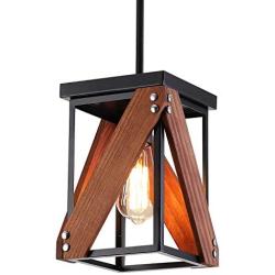 Rustic Industrial Wood Pendant Light with Metal and Wood Cage, One-Light Adjustable Rods Mini Pendant Lighting Fixture for Kitchen Island Dining Room Farmhouse, Black