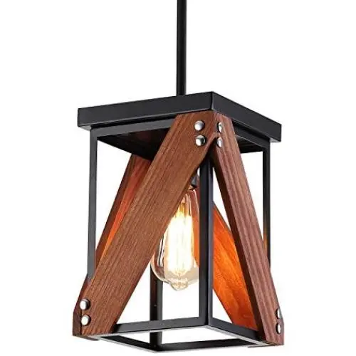 Rustic Industrial Wood Pendant Light with Metal and Wood Cage, One-Light Adjustable Rods Mini Pendant Lighting Fixture for Kitchen Island Dining Room Farmhouse, Black