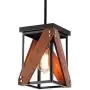 Rustic Industrial Wood Pendant Light with Metal and Wood Cage, One-Light Adjustable Rods Mini Pendant Lighting Fixture for Kitchen Island Dining Room Farmhouse, Black