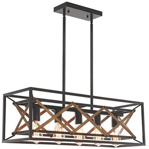 reesenLight Kitchen Island Lighting, 5-Light Rustic Linear Farmhouse Chandelier, Industrial Metal Rectangle Cage Hanging Pendant Ceiling Light Fixtures for Dining Room Pool Table Restaurant Coffee