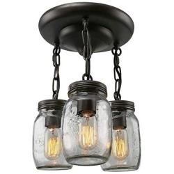 BAYCHEER Unique Ceiling Lighting Fixtures Mason Jars Light Rustic Ceiling Light 3 Lights with Glass Shade Flush Mount Ceiling Light for Kitchen, Dining Room, Hallways Black