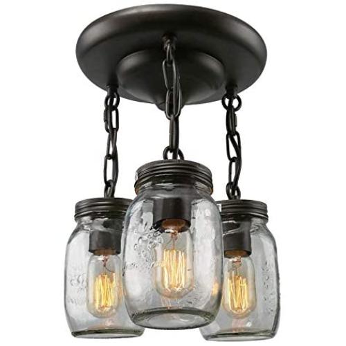 BAYCHEER Unique Ceiling Lighting Fixtures Mason Jars Light Rustic Ceiling Light 3 Lights with Glass Shade Flush Mount Ceiling Light for Kitchen, Dining Room, Hallways Black