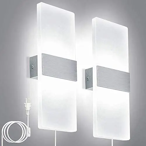 Lightess Modern Wall Sconces Plug in, 12W Up Down LED Wall Lights Acrylic Wall Lamp for Living Room Bedroom Corridor, Cool White, Set of 2