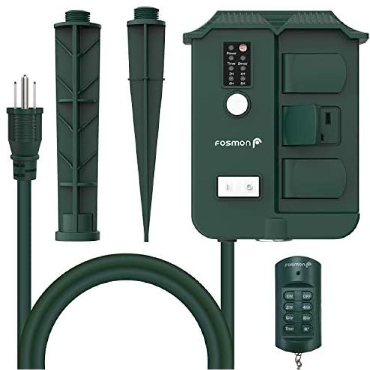 Fosmon Outdoor Power Stake Timer with Photocell, Power Strip Timer with