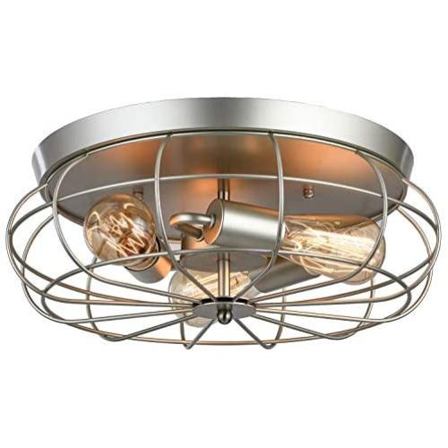 LOKHOM Flush Mount Ceiling Light fixtures, Industrial Rustic Metal Cage Pendant Light Lamps for Kitchen, Living Room, Hallway, Vintage Farmhouse Light Fixture, 3-Light, E26 (Nickel Finish, 16.5 Inch)