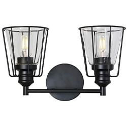 VINLUZ Bathroom Vanity Light Over Mirror 2 Lights Black Modern Wall Lighting Fixture Metal Cage Farmhouse Rustic Sconce Wall Mounted Lamp Clear Glass Shade for Stairway Porch Restaurants Kitchen