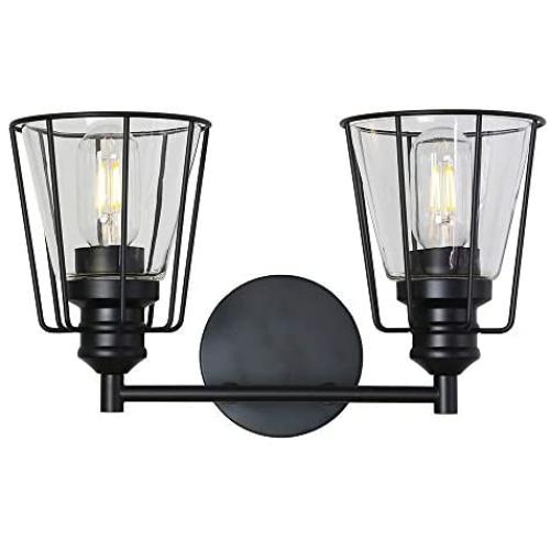 VINLUZ Bathroom Vanity Light Over Mirror 2 Lights Black Modern Wall Lighting Fixture Metal Cage Farmhouse Rustic Sconce Wall Mounted Lamp Clear Glass Shade for Stairway Porch Restaurants Kitchen