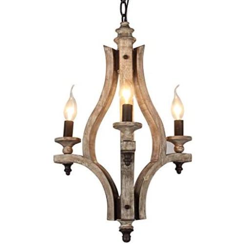 DOCHEER Vintage Rustic Wooden Chandelier 3-Light Retro Wood Metal Chandeliers Pendant Lamp Fixture Lighting for Kitchen Island, Dining Room Lighting