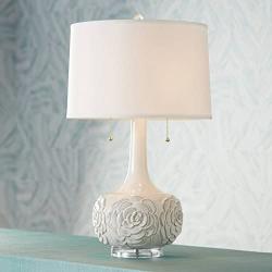 Natalia Modern Farmhouse Cottage Table Lamp Decor Ceramic White Textured Floral Vase Drum Shade for Living Room Bedroom House Bedside Nightstand Home Office Reading Family - Possini Euro Design