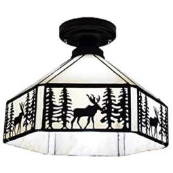 KWOKING Lighting Vintage Elk Pattern Ceiling Lighting Fixtures Tiffany Stained Glass Style Flush Mount Ceiling Light for Living Room, Hallway, Kitchen, Dining Room in Black 11 inches