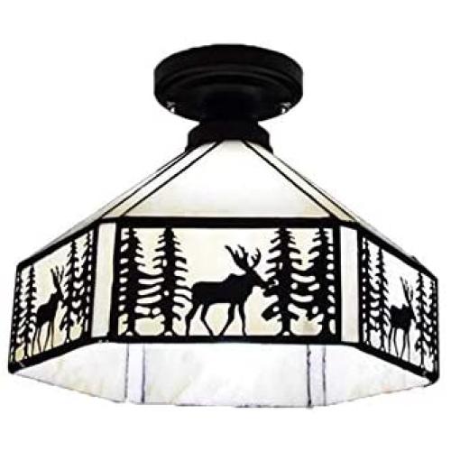 KWOKING Lighting Vintage Elk Pattern Ceiling Lighting Fixtures Tiffany Stained Glass Style Flush Mount Ceiling Light for Living Room, Hallway, Kitchen, Dining Room in Black 11 inches