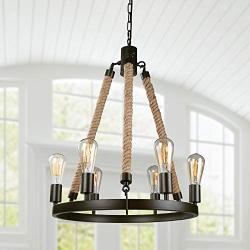 LNC Farmhouse Chandeliers Rustic Round Wagon Wheel 6-Light Fixture with Rope for Dining & Living Room, Bedroom and Foyer