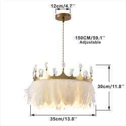 BOKT Nordic Style Chandelier with White Feather Crown Chandelier Modern Metal LED Pendant Lighting Crystal Ceiling Hanging Light for Bedroom Hotel Dining Room Living Room (35cm 13.8)