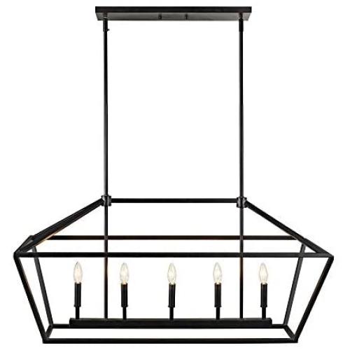 MOTINI 5-Light Kitchen Island Lantern Pendant Linear Chandelier Black Rod Hanging Light 40''x 12''x18.5''