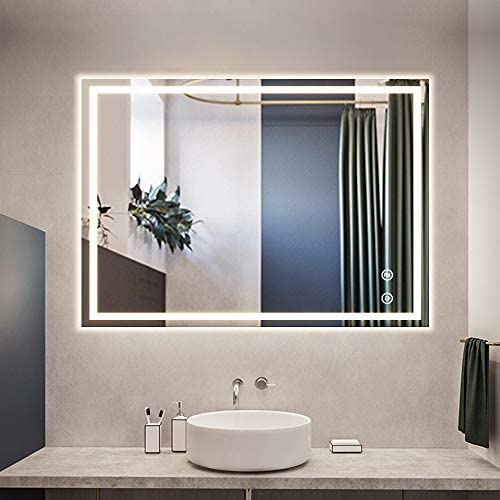 DLLT Dimmable Wall Mounted Mirror with Light, 32 x 24 Touch LED Lighted Bathroom Mirrors, Makeup Vanity Mirror with Lights for Bedroom, Waterproof Wall Lighting Mirror, Anti-Fog, (Horizontal/Vertical）