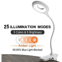 OUTOPEST LED Reading Light, Clip on Light with 5 Colors & 5 Brightness, Rechargeable Reading Lamp, Kids 28 LED Desk Lamp Clamp Bed Lights for Headboard, Blue Light Blocking Book Light (Amber Included)