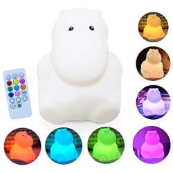 Silicone LED Night Lights for Bedrooms Cute Animal Night Light for Kids with Remote and Touch Sensor Portable Warm White Light & Color Changing RGB Lamps for Baby Girl Baby boy Gifts (Little Hippo)