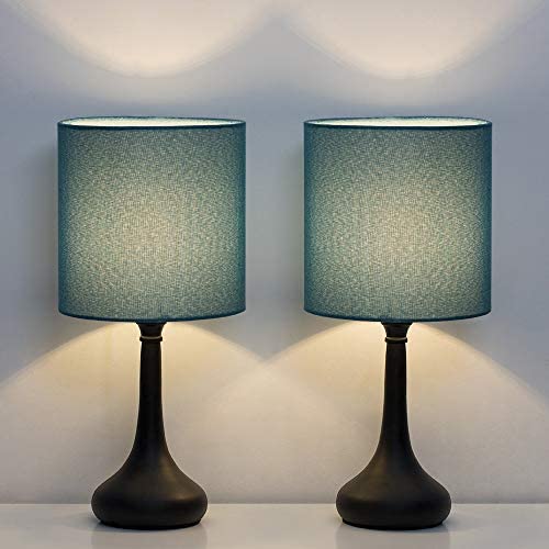 HAITRAL Bedside Table Lamps - Nightstand Lamps Set of 2, Modern Desk Lamp for Bedroom, Living Room, Office with Metallic Base and Fabric Shade - Dark Blue (HT-BTL11-06X2)