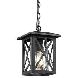 Beionxii Outdoor Pendant Light | Exterior Hanging Lantern Porch Pendant Lights, Sand Textured Black with Water Rippled Glass - A330H-1PK