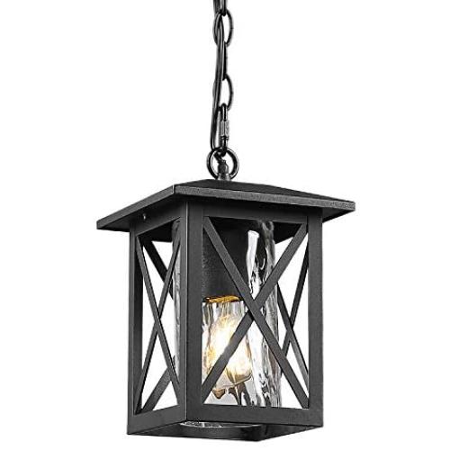 Beionxii Outdoor Pendant Light | Exterior Hanging Lantern Porch Pendant Lights, Sand Textured Black with Water Rippled Glass - A330H-1PK