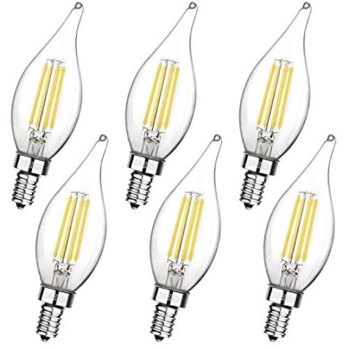 Boncoo E12 Candelabra LED Bulbs Dimmable 60W Equivalent LED Chandelier Light Bulbs 6W Daylight White 5000K 550LM CA11 Flame Tip Vintage LED Filament Candle Bulb with Decorative Candelabra Base 6 Packs