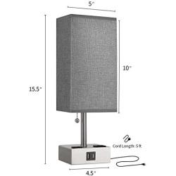 OYEARS Table Lamps Set of 2 Built in Dual USB Charging Port Bedside 15.5“ Table Lamp with Dual AC Power Outlets for Bedroom Living Room Office Study Room Grey Fabric Shade