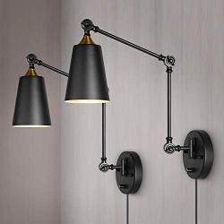 Industrial Plug in Wall Sconces with Matte Black Farmhouse Swing Arm Wall Lamp for Bedroom Bathroom Dining Room Kitchen ( Set of 2 )