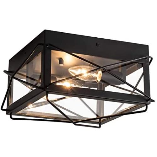 MAYNA Industrial Rectangle Flush Mount Ceiling Light Fixture Black Finish with Glass Lampshade for Hallway Entryway Passway Dining Room Bedroom Balcony Living Room,2-Light, Black