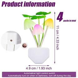 4 Pieces Night Lights 7 Color Changing Plug-in Light Sensor Wall Lamp, LED Mushroom Night Lights Dusk to Dawn Sensor Night Light Wall Lamp for Kid Adult Mushroom Bedroom Bathroom Nightlight Christmas